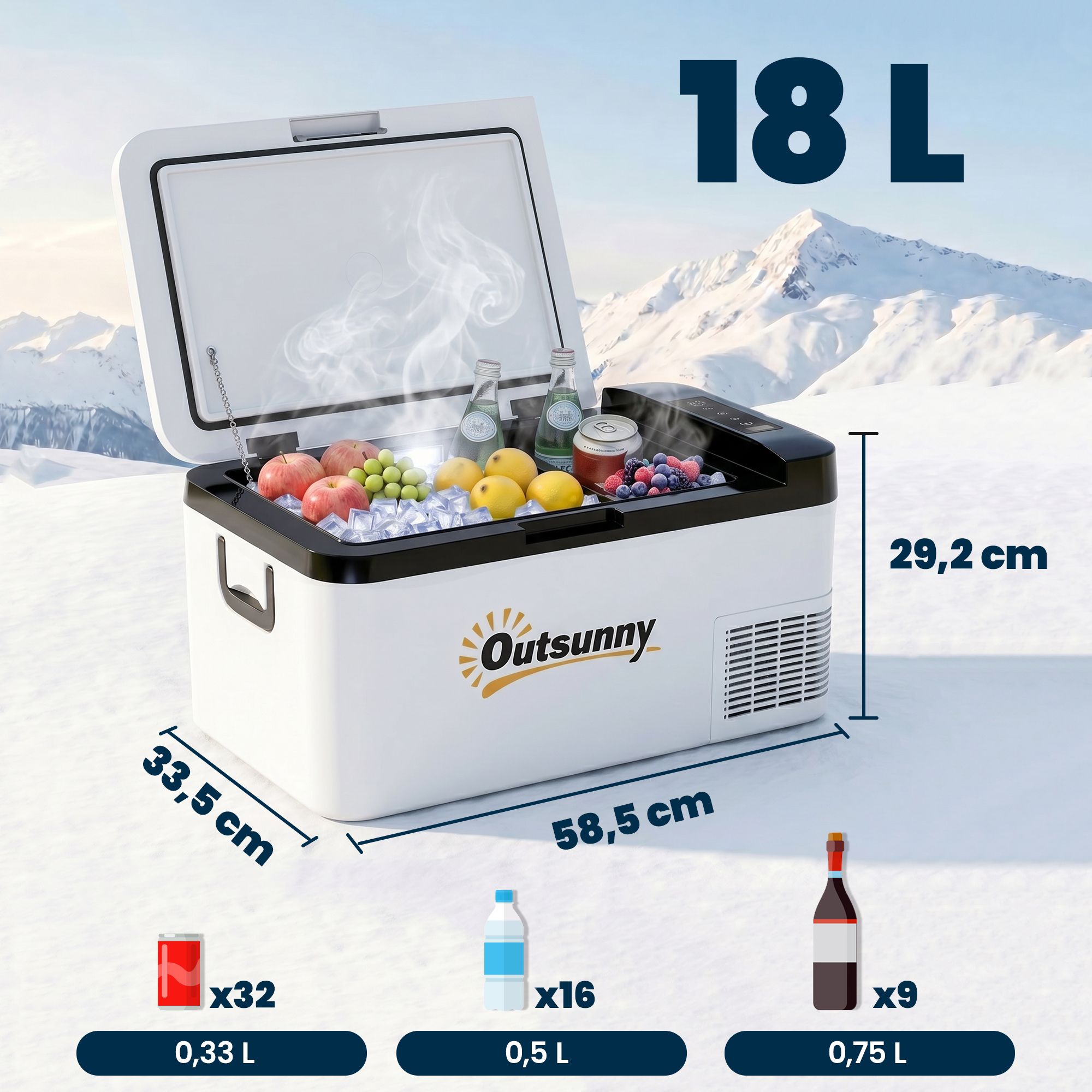 Un refrigerador abierto de 18L con frutas, hielo y bebidas en un paisaje nevado.