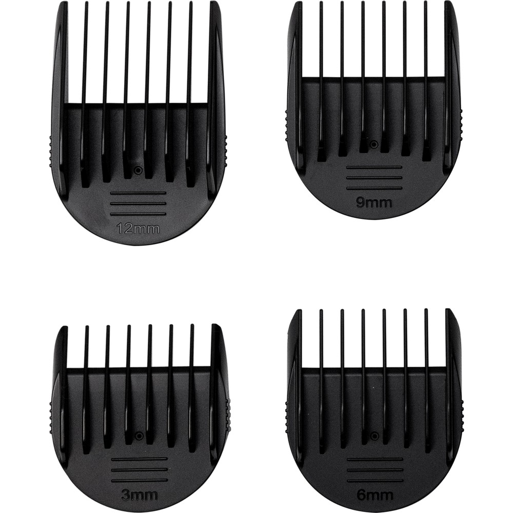 12mm, 9mm, 3mm ve 6mm etiketli dört siyah saç kesme makinesi tarağı.