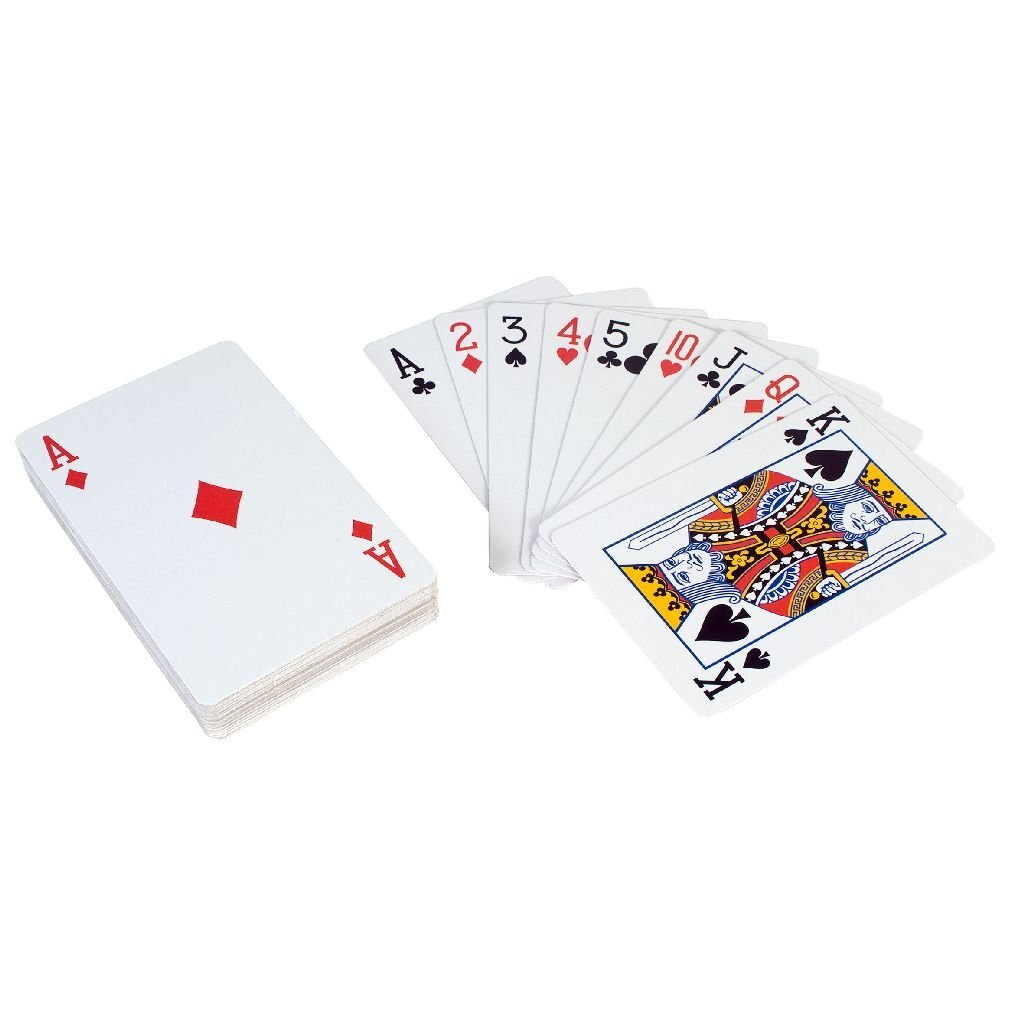 Un mazzo di carte da gioco a sinistra, con un ventaglio di altre carte alla sua destra.