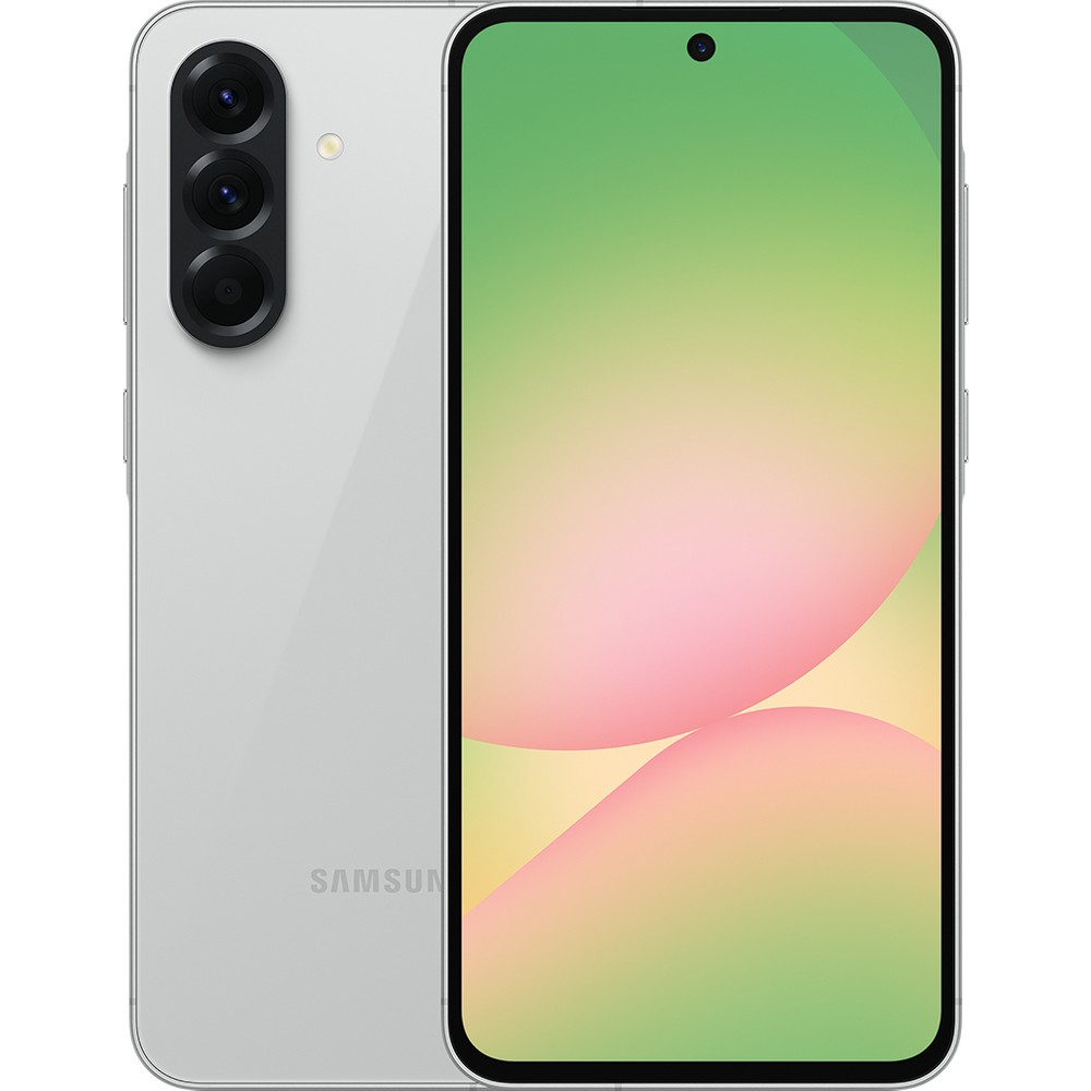 Arkada üç kamera ve degrade ekrana sahip gümüş renkli akıllı telefon.
