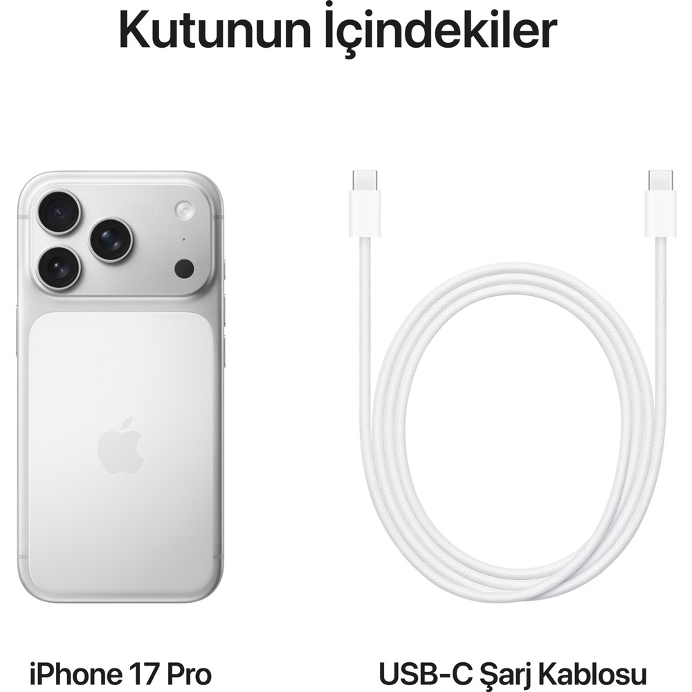 Un iPhone 17 Pro bianco e un cavo di ricarica USB-C bianco su sfondo bianco.