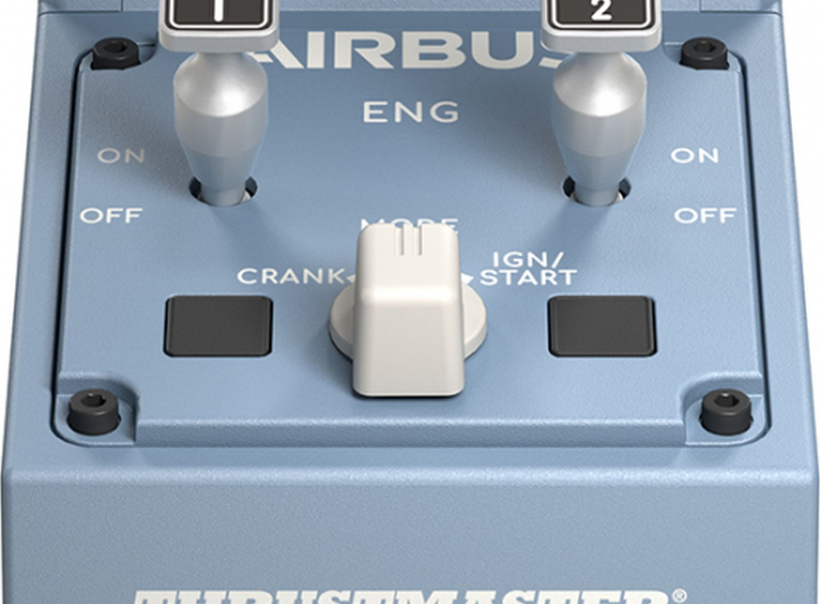 Primer plano de un panel de control de avión azul con interruptores y etiquetas.