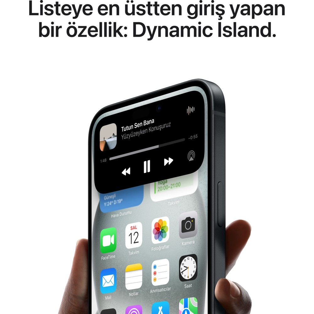 Un iPhone mostra riproduzione musicale e widget di app, inclusi calendario e meteo.