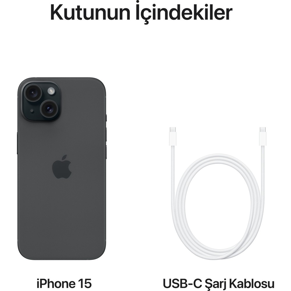 Un iPhone 15 scuro e un cavo di ricarica USB-C bianco sono uno accanto all'altro.