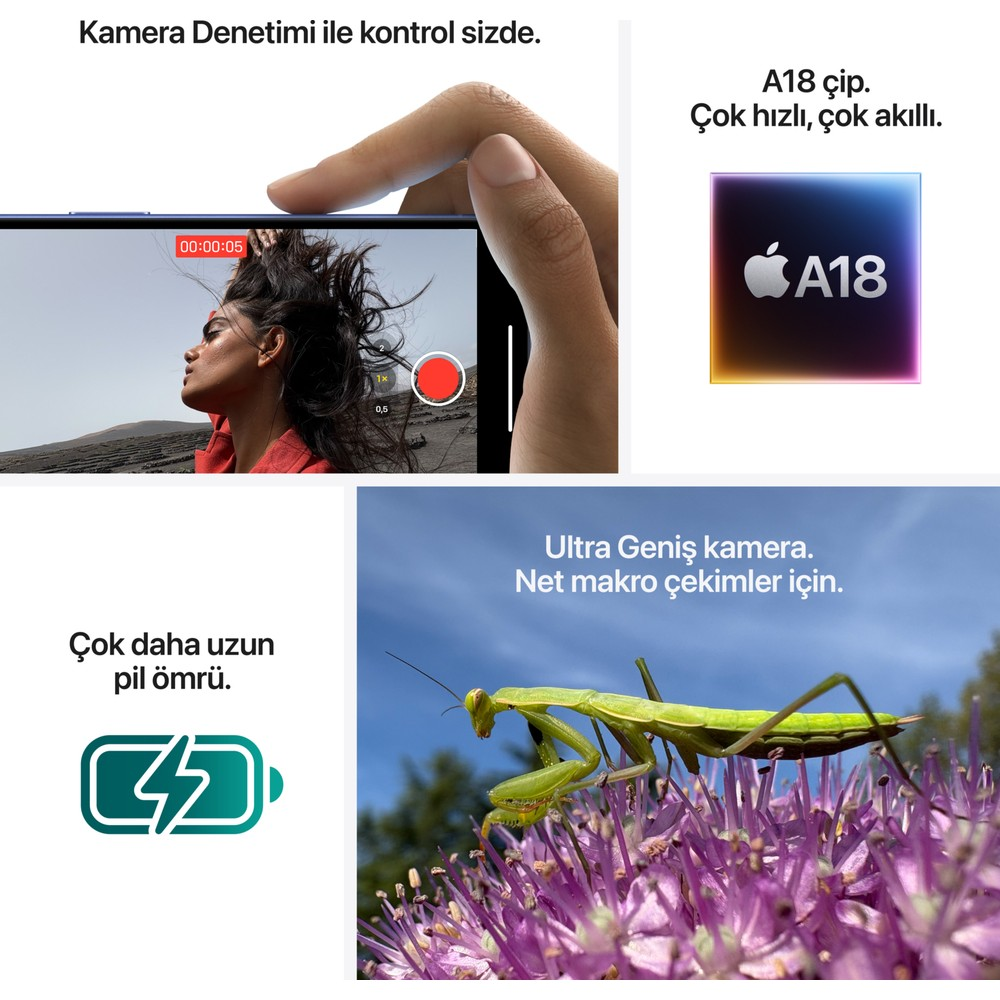 Un hombre opera una cámara, una mantis en una flor, un chip y un icono de batería.