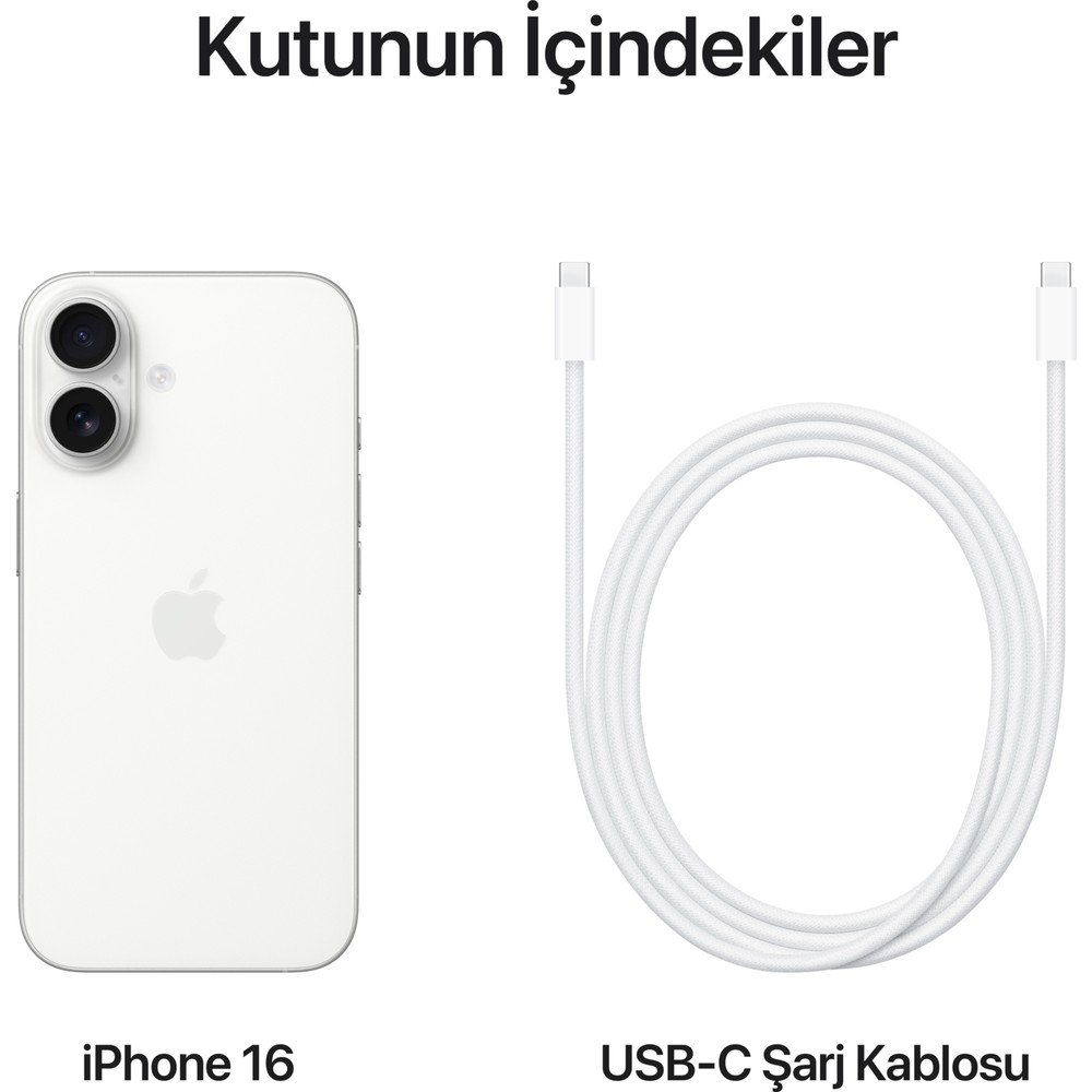 Un iPhone 16 blanco y un cable de carga USB-C blanco se muestran lado a lado.