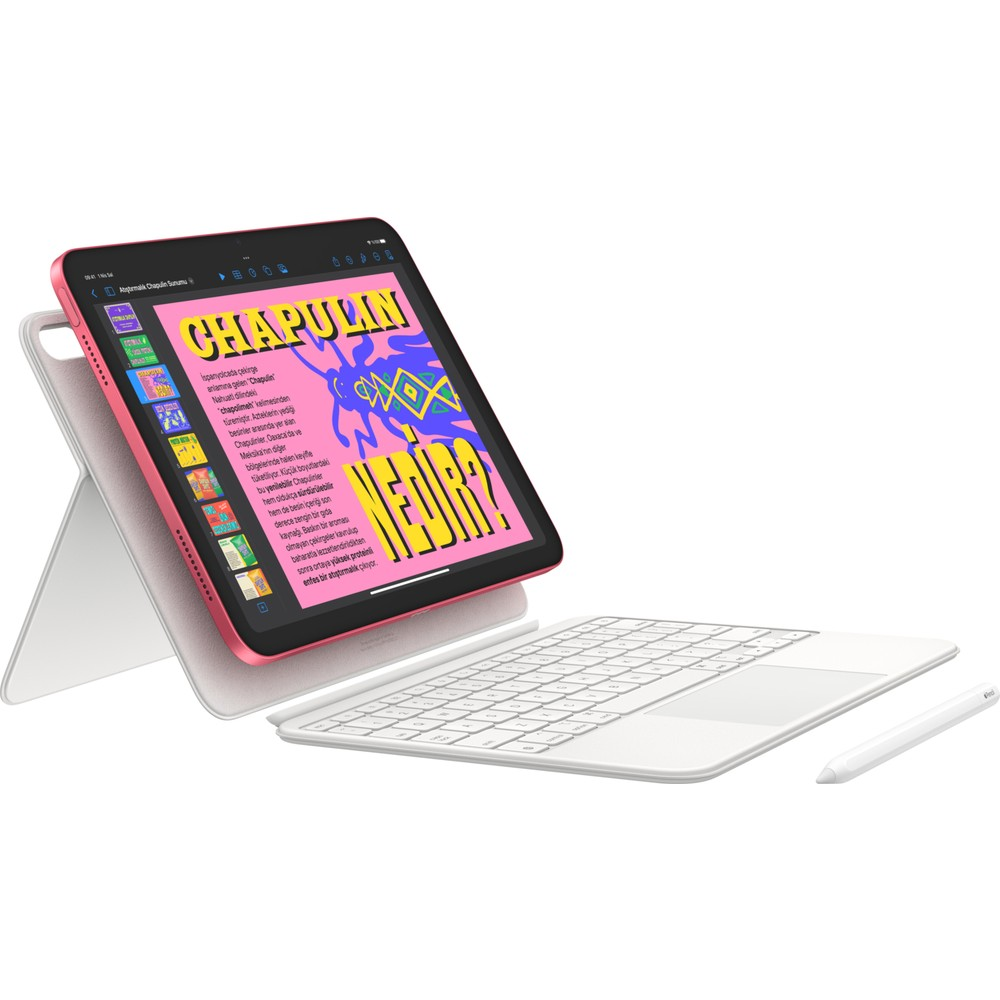 Pembe tablet stant, klavye ve kalem ile. Tablet ekranında metin ve grafikler gösteriliyor.
