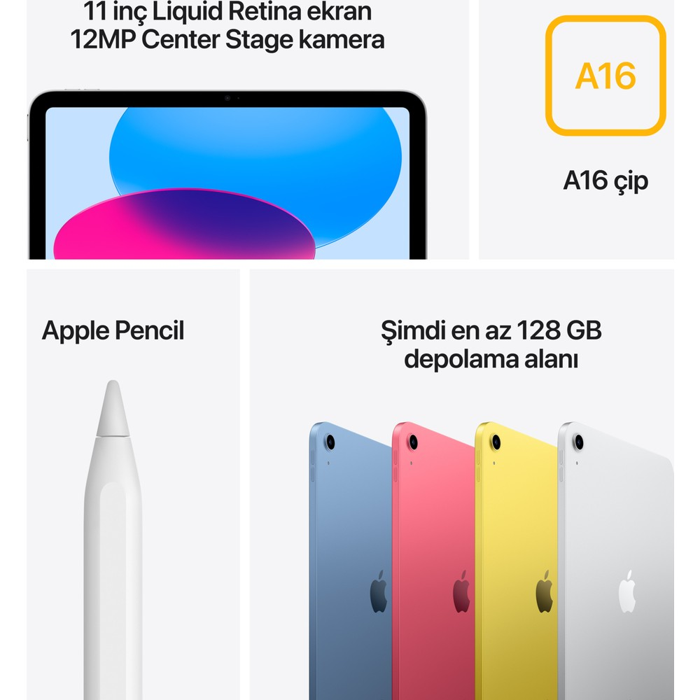 A16 çipli iPad, Apple Pencil ve dört renk seçeneği.