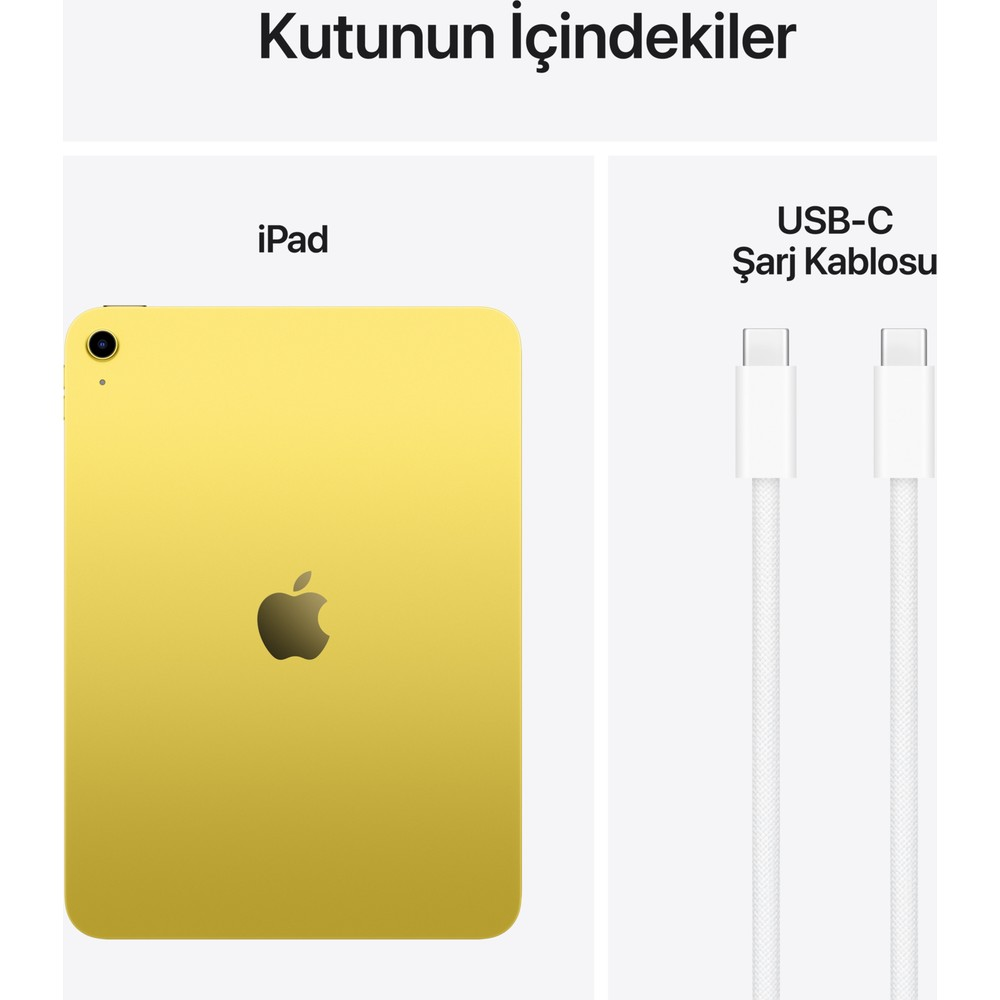Sarı iPad ve iki beyaz USB-C şarj kablosu.