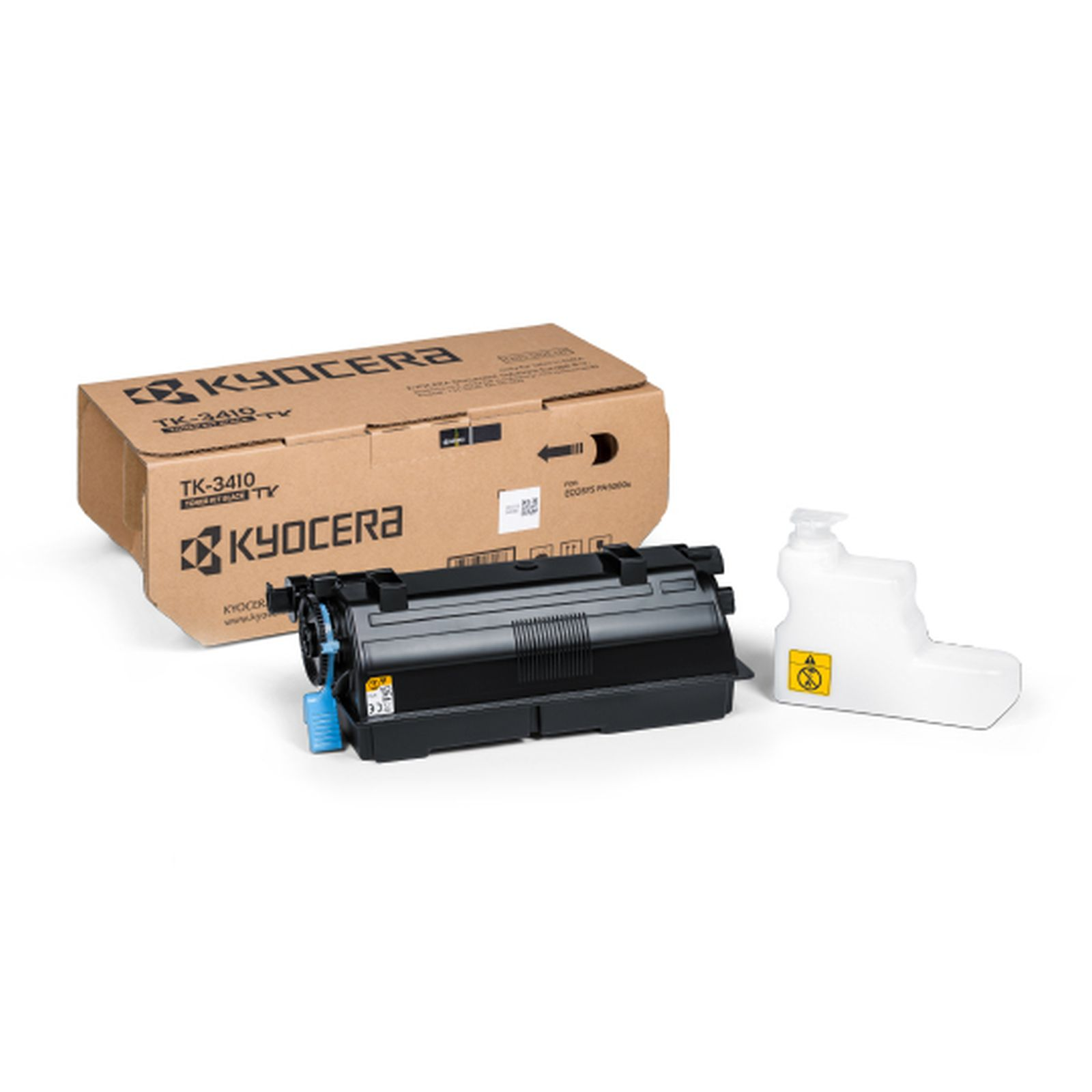 Kyocera Druckerzubehör: Tonerkartusche, Box und Tonerbehälter.