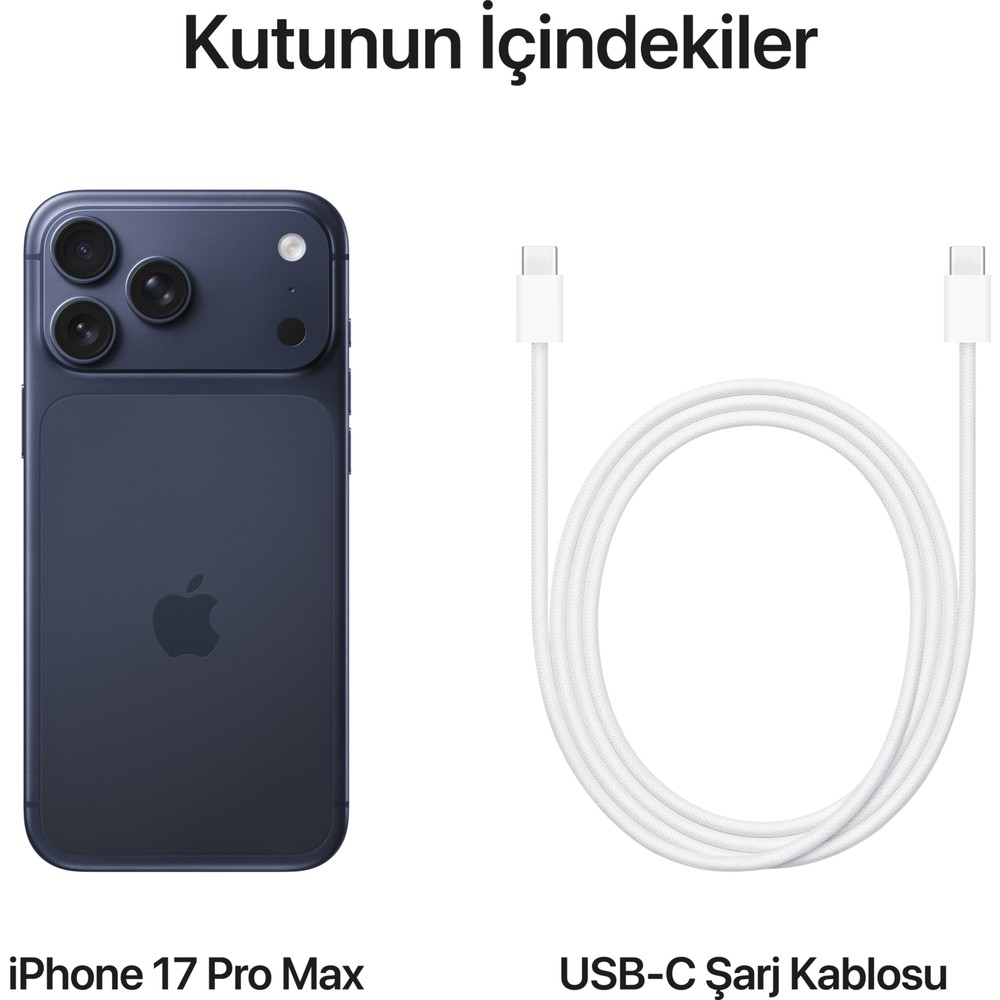 Ciemnoniebieski iPhone 17 Pro Max i biały kabel ładujący USB-C obok siebie.