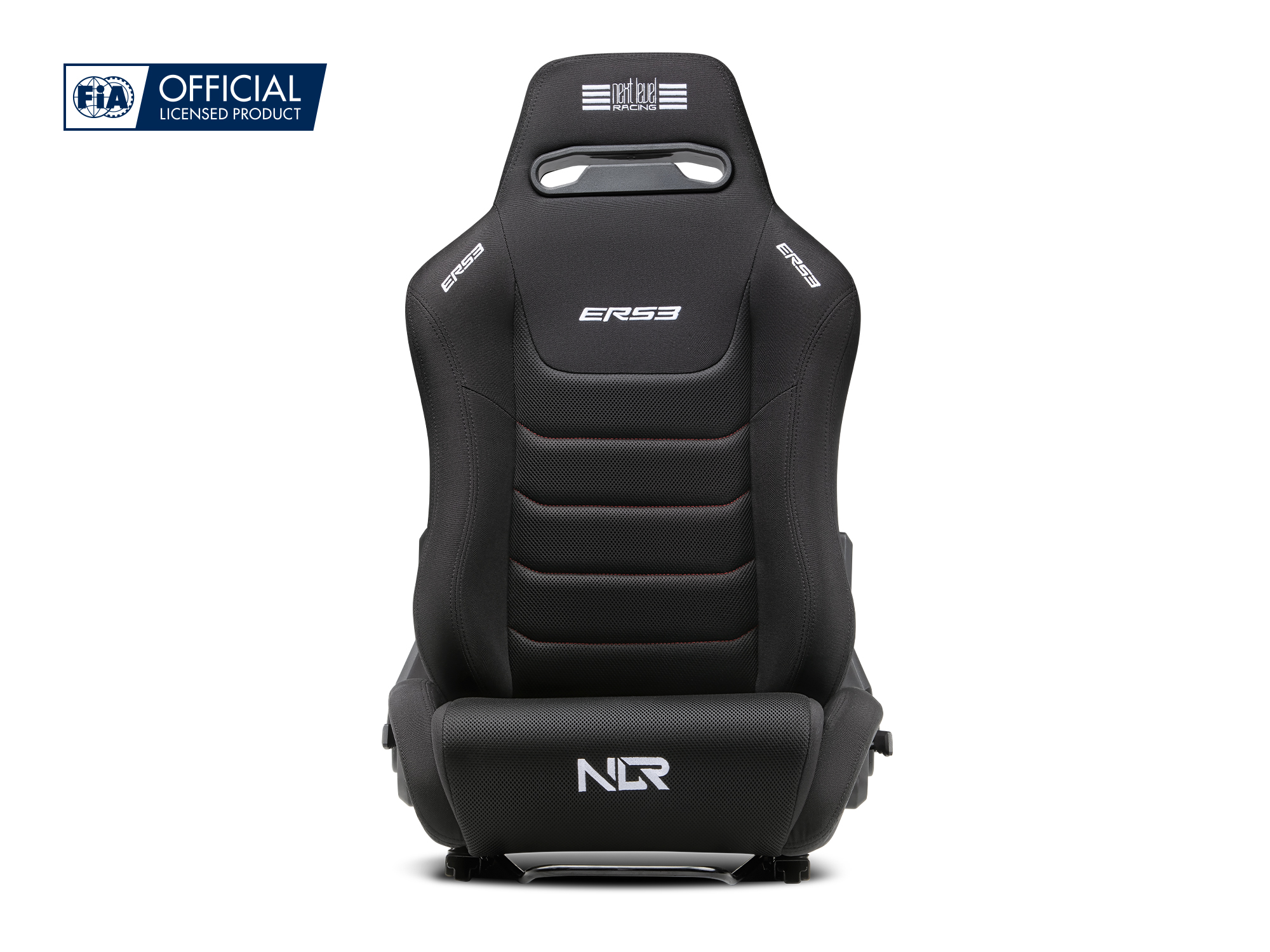 Asiento de carreras negro con sello FIA y logo "next level racing".