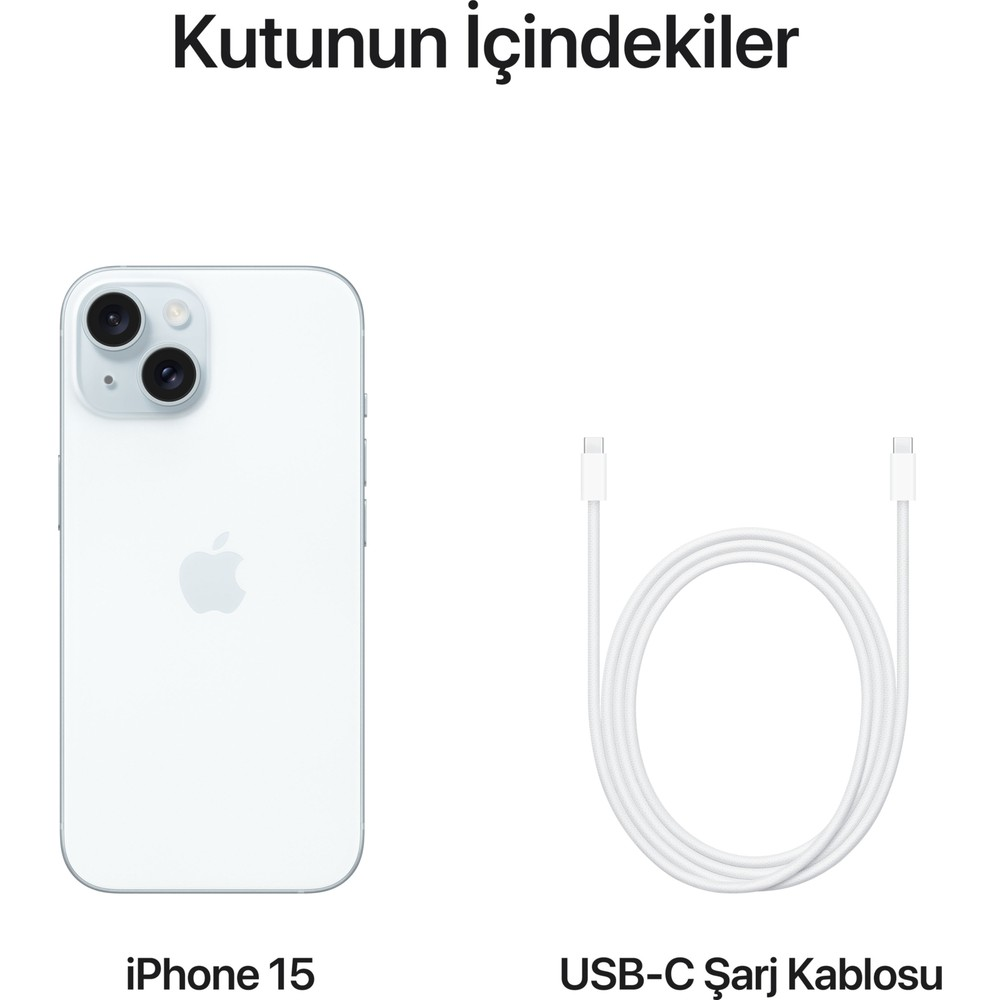 Un iPhone 15 bianco e un cavo di ricarica USB-C bianco sono mostrati uno accanto all'altro.