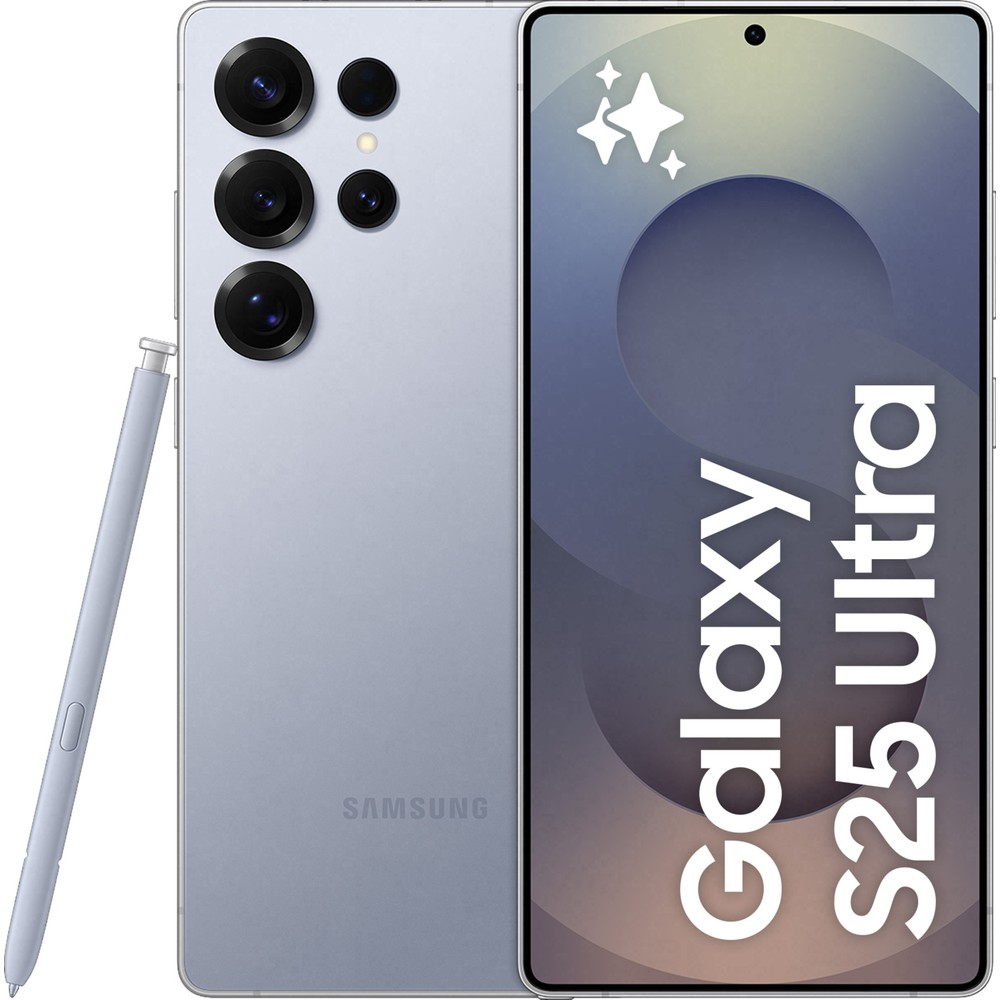 Kalemli, dört kameralı, Samsung logolu açık mavi Samsung Galaxy S25 Ultra telefon.