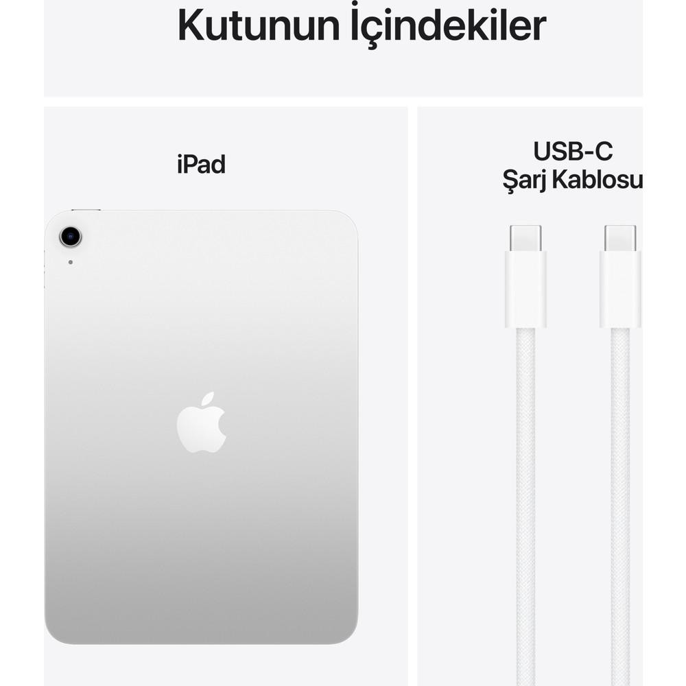 Gümüş rengi bir iPad ve iki beyaz USB-C şarj kablosu.