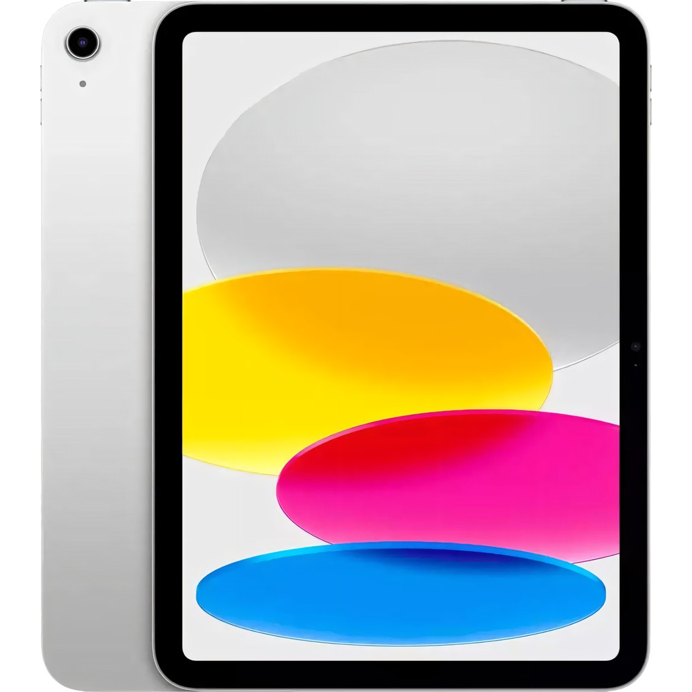 Ekranında renkli arka plan gösteren gümüş bir tablet.