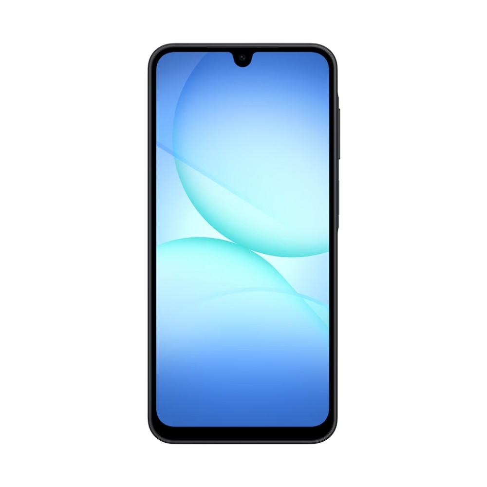 Ekranında mavi soyut duvar kağıdı bulunan siyah bir akıllı telefon.
