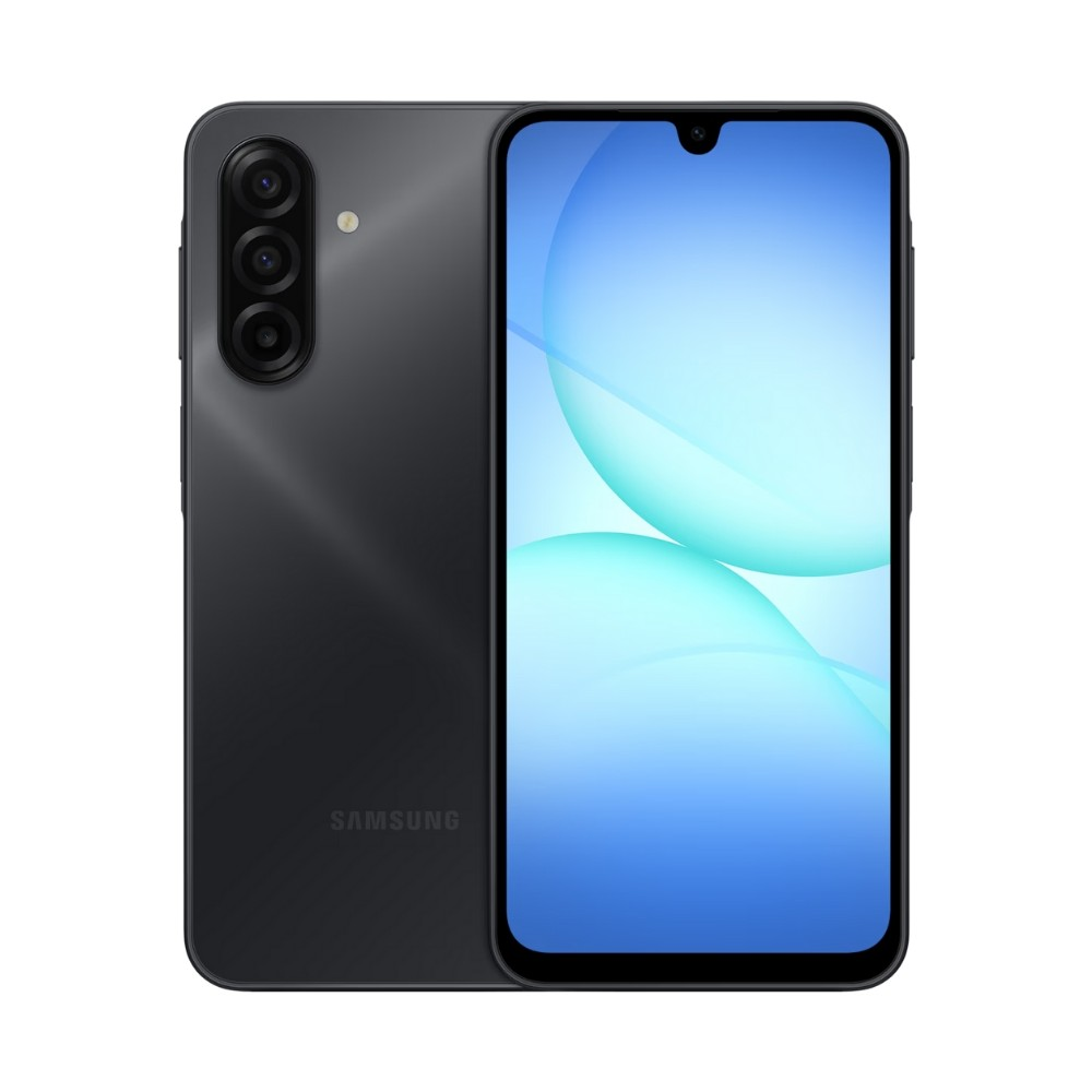 Arkada üç kamerası ve ekranda mavi duvar kağıdı olan siyah bir Samsung akıllı telefon.