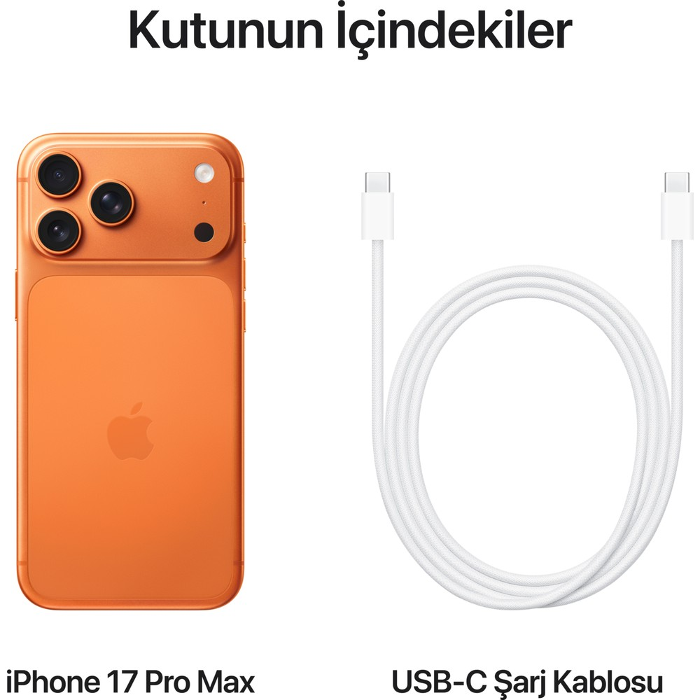 Pomarańczowy iPhone 17 Pro Max i biały kabel ładujący USB-C.