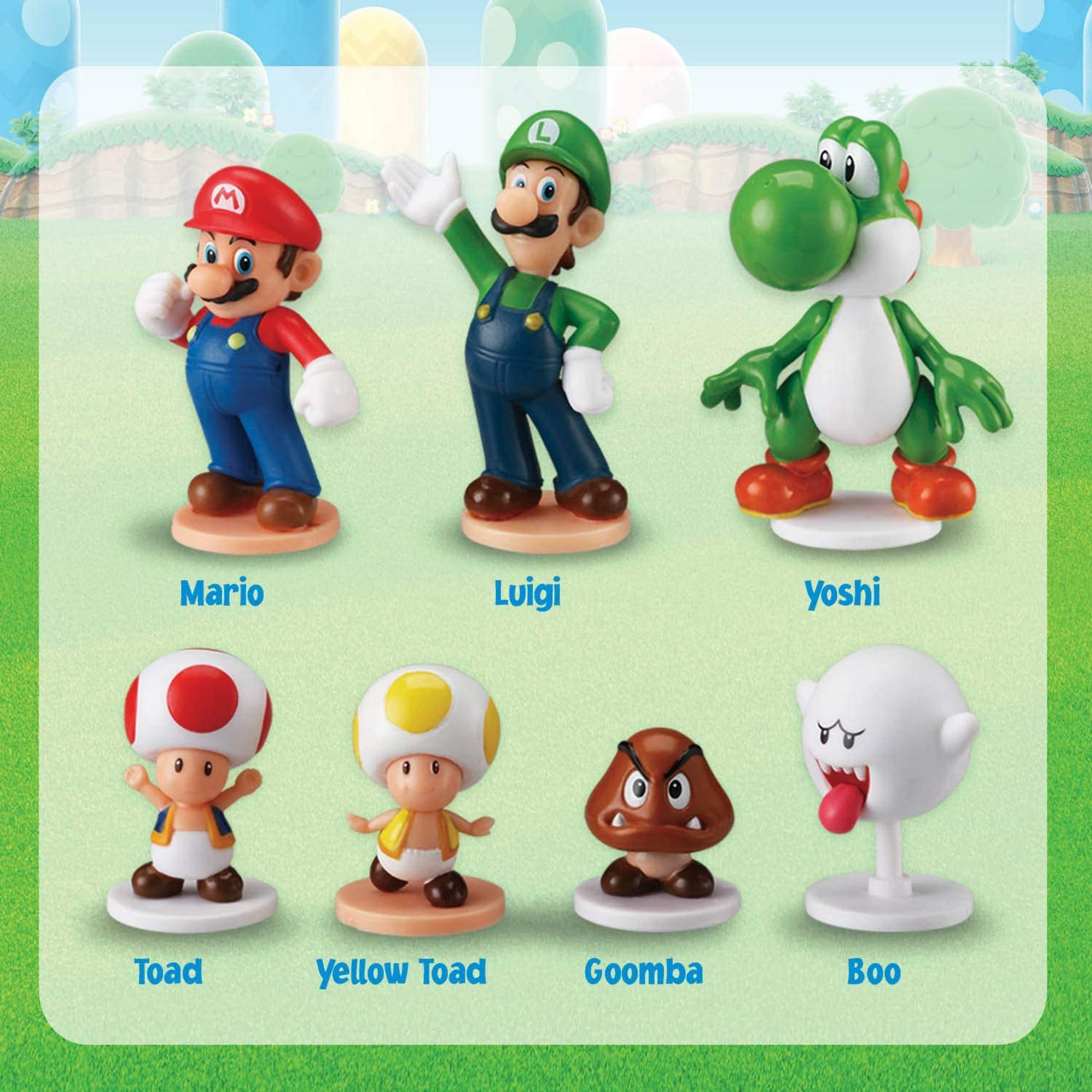 Mario, Luigi, Yoshi, Toad, Gelber Toad, Goomba und Boo als Figuren auf grünem Hintergrund.