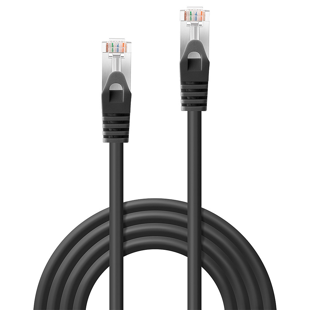 Due cavi Ethernet neri con connettori trasparenti e fili colorati.