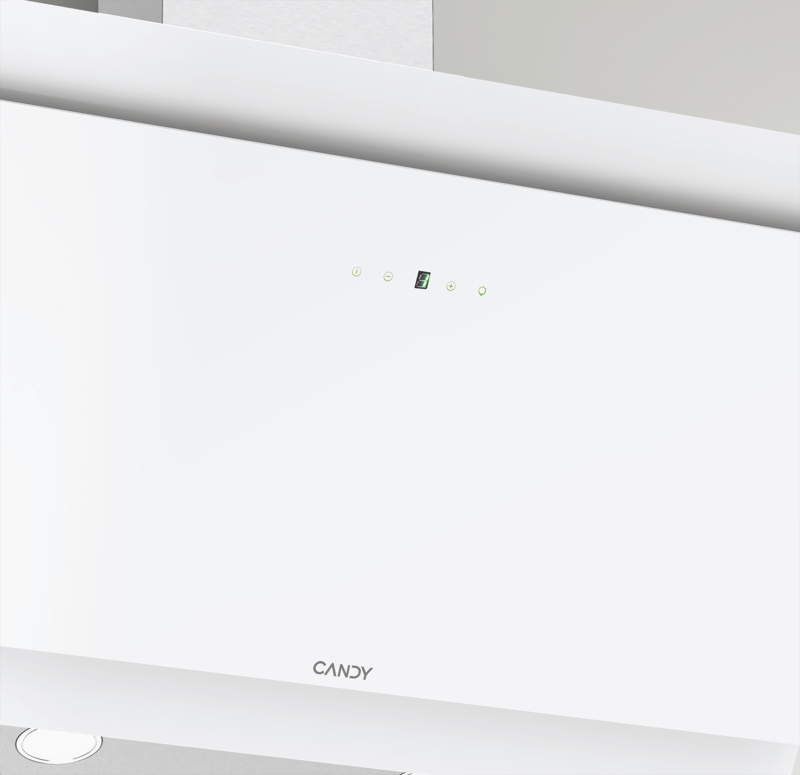 Una campana extractora blanca con logo Candy y controles digitales.