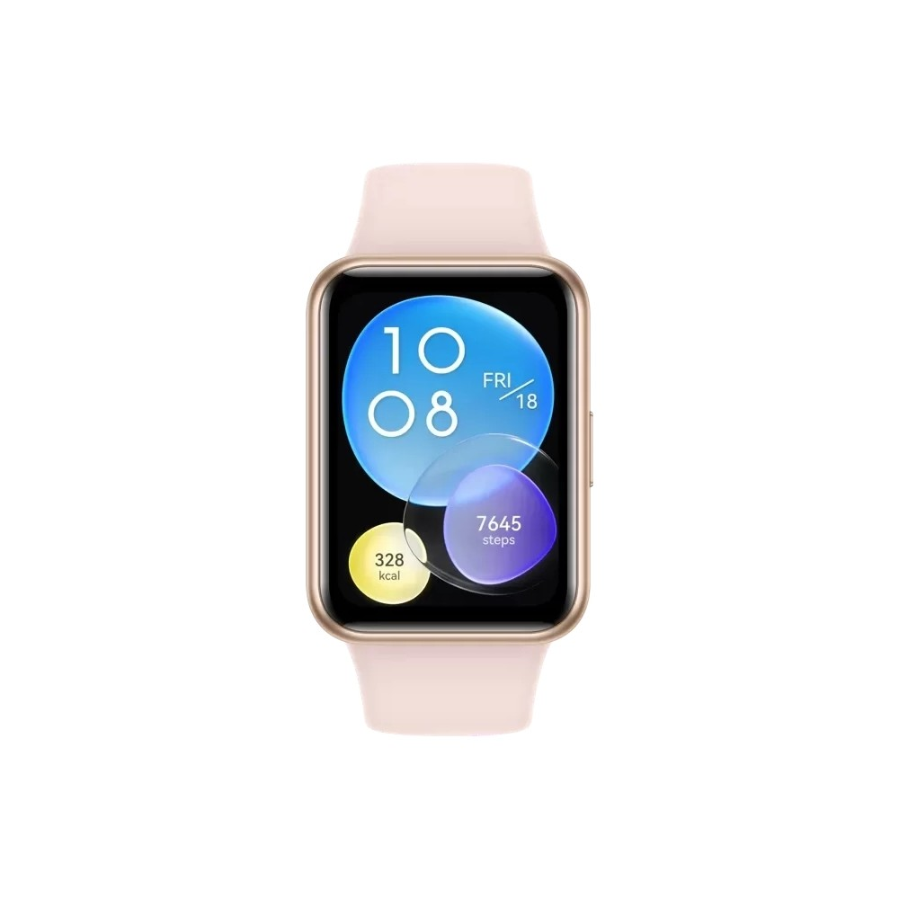 Uno smartwatch dorato con cinturino chiaro mostra le 10:08, 328 kcal e 7645 passi.