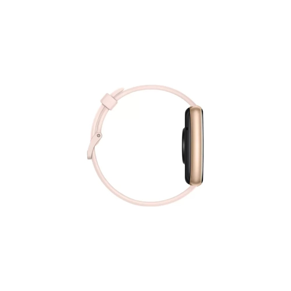 Uno smartwatch dorato con cinturino rosa, su sfondo bianco.