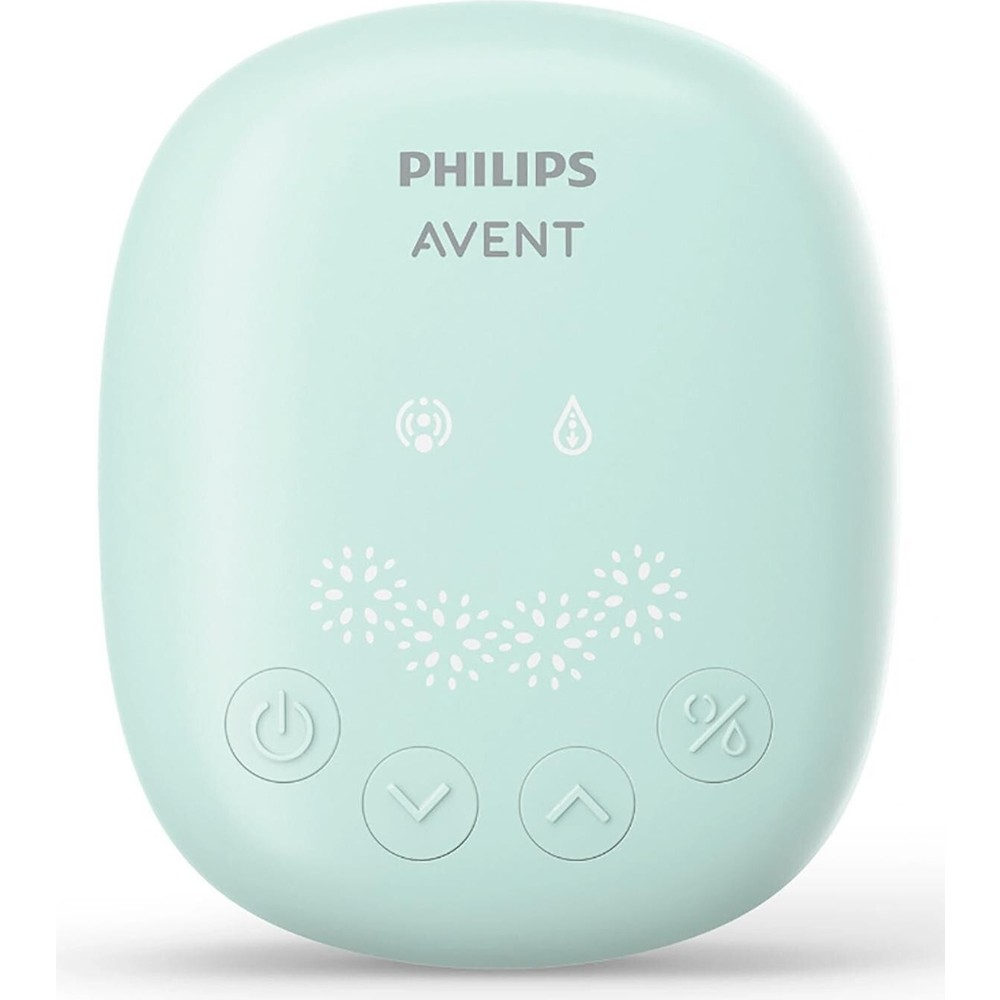 Kontroller ve semboller bulunan açık yeşil Philips Avent pompa.