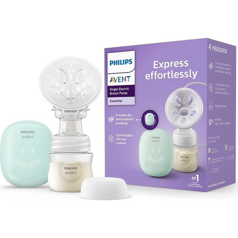 Philips Avent tekli elektrikli göğüs pompası, biberon ve kutu.
