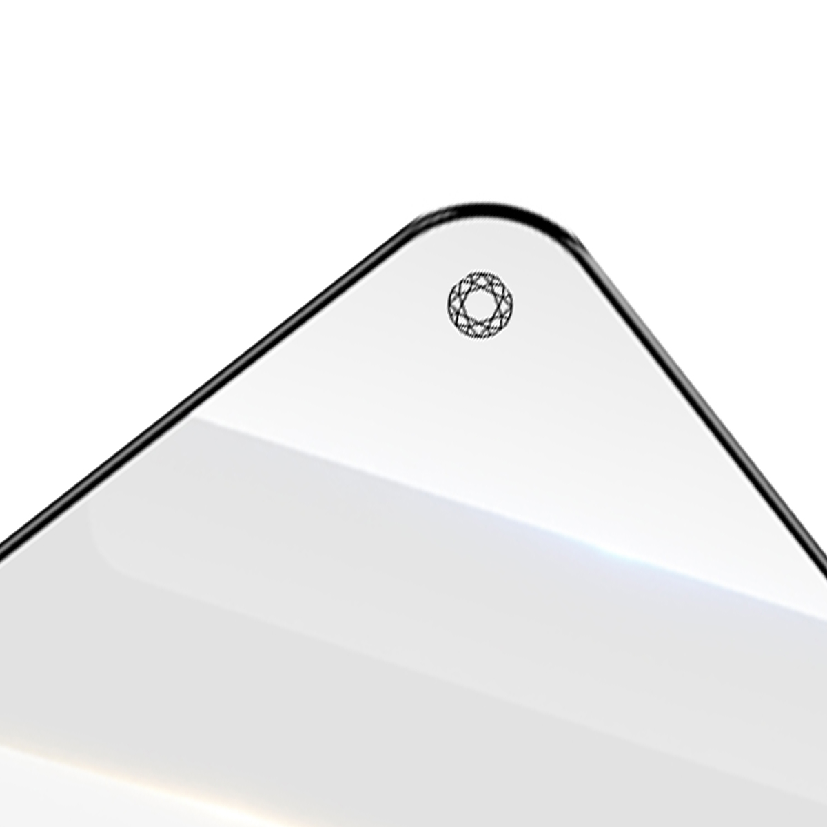Primo piano di una linea nera su sfondo bianco con un piccolo emblema circolare.