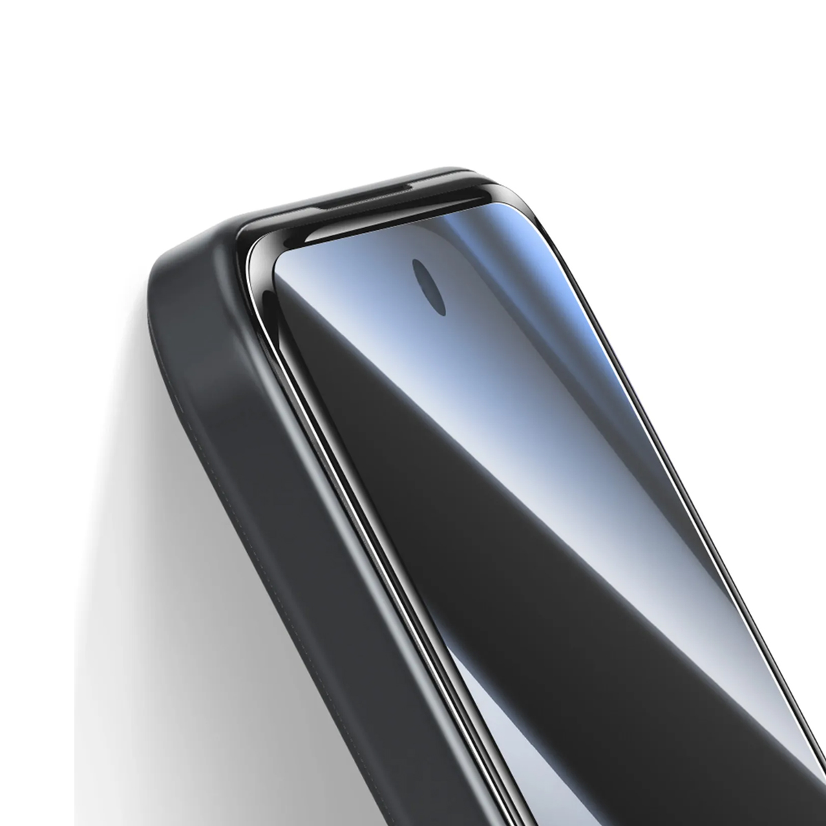 Primo piano di uno schermo di smartphone nero con un piccolo foro al centro.
