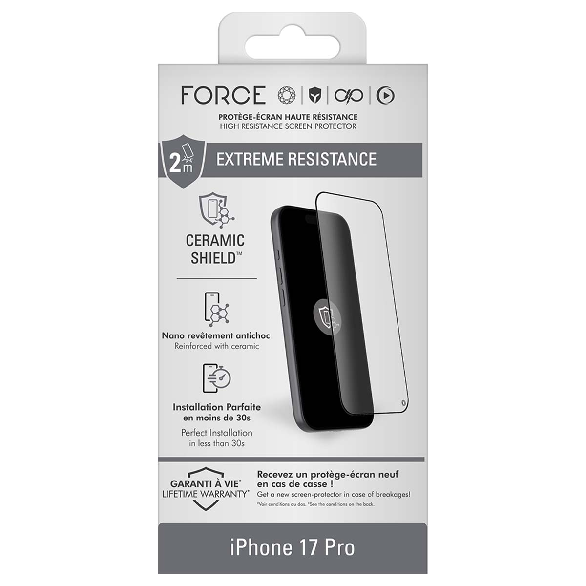 Confezione protettore schermo iPhone 17 Pro con "Ceramic Shield" e "Extreme Resistance".