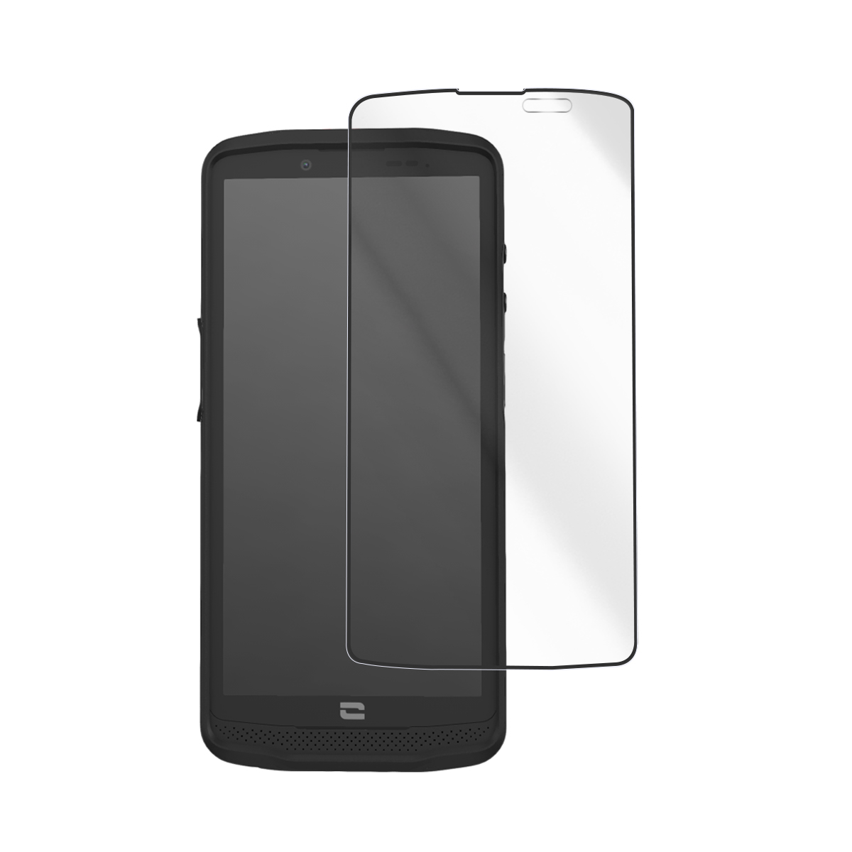 Un teléfono inteligente negro con un protector de pantalla al lado sobre fondo blanco.