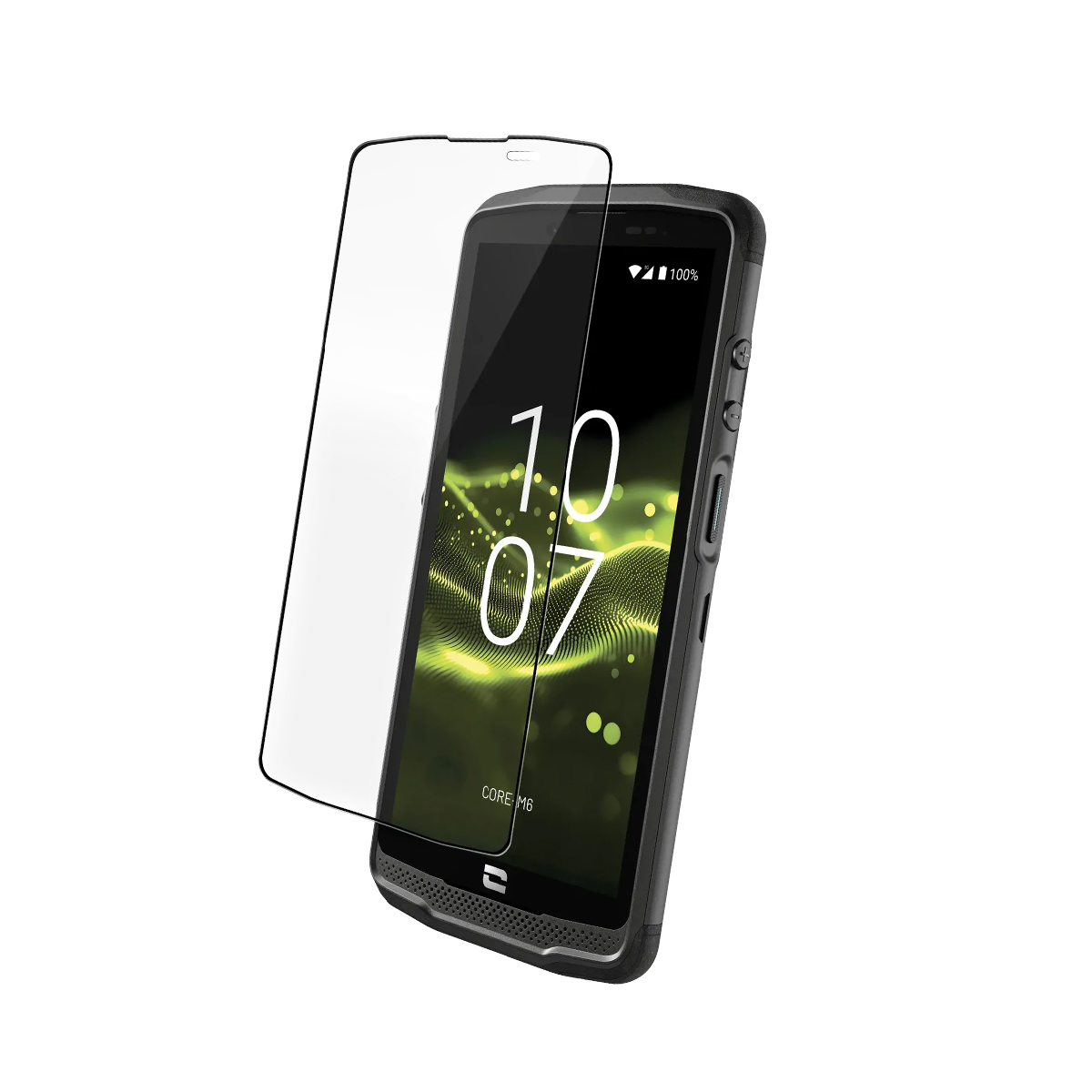 Un teléfono inteligente con protector de pantalla, sobre fondo blanco.
