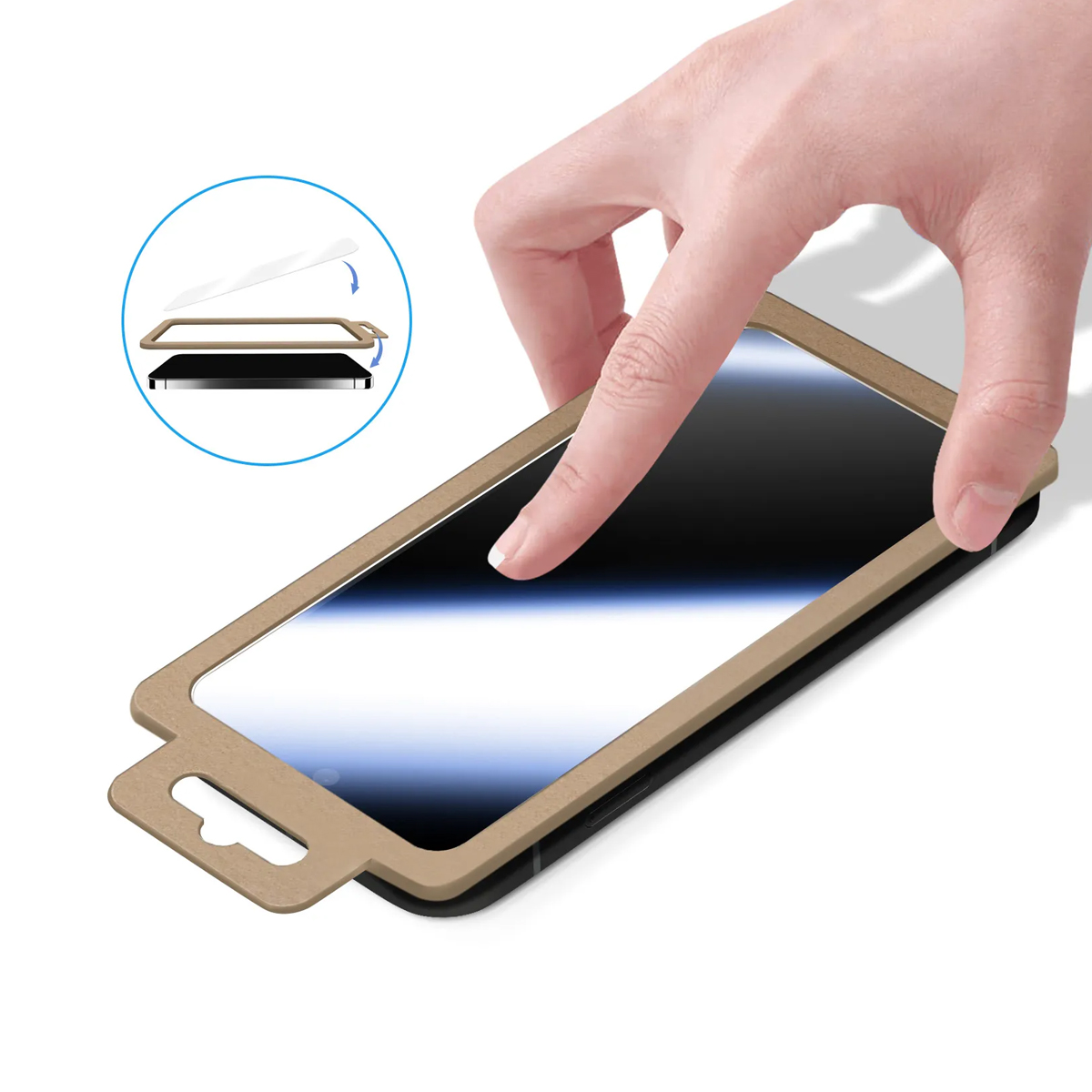 Una mano applica una protezione per lo schermo a uno smartphone usando una cornice di allineamento.