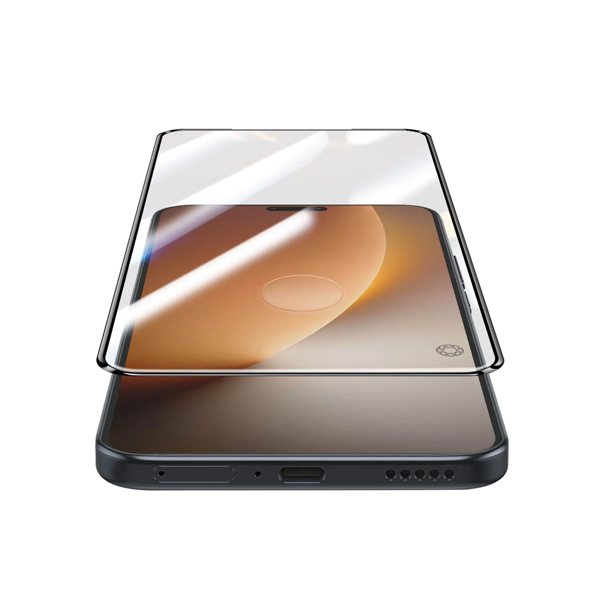 Una protezione schermo trasparente è posizionata sullo schermo di uno smartphone nero.