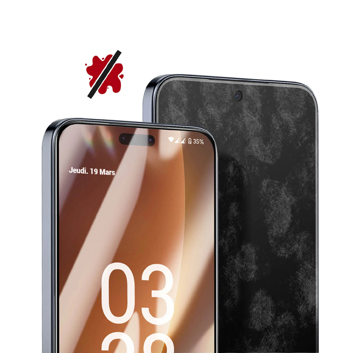 Due smartphone, uno mostra ora e data, l'altro con impronte digitali.