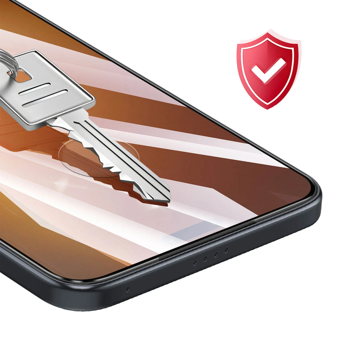 Una chiave d'argento poggia sullo schermo di uno smartphone con un'icona a scudo rosso.