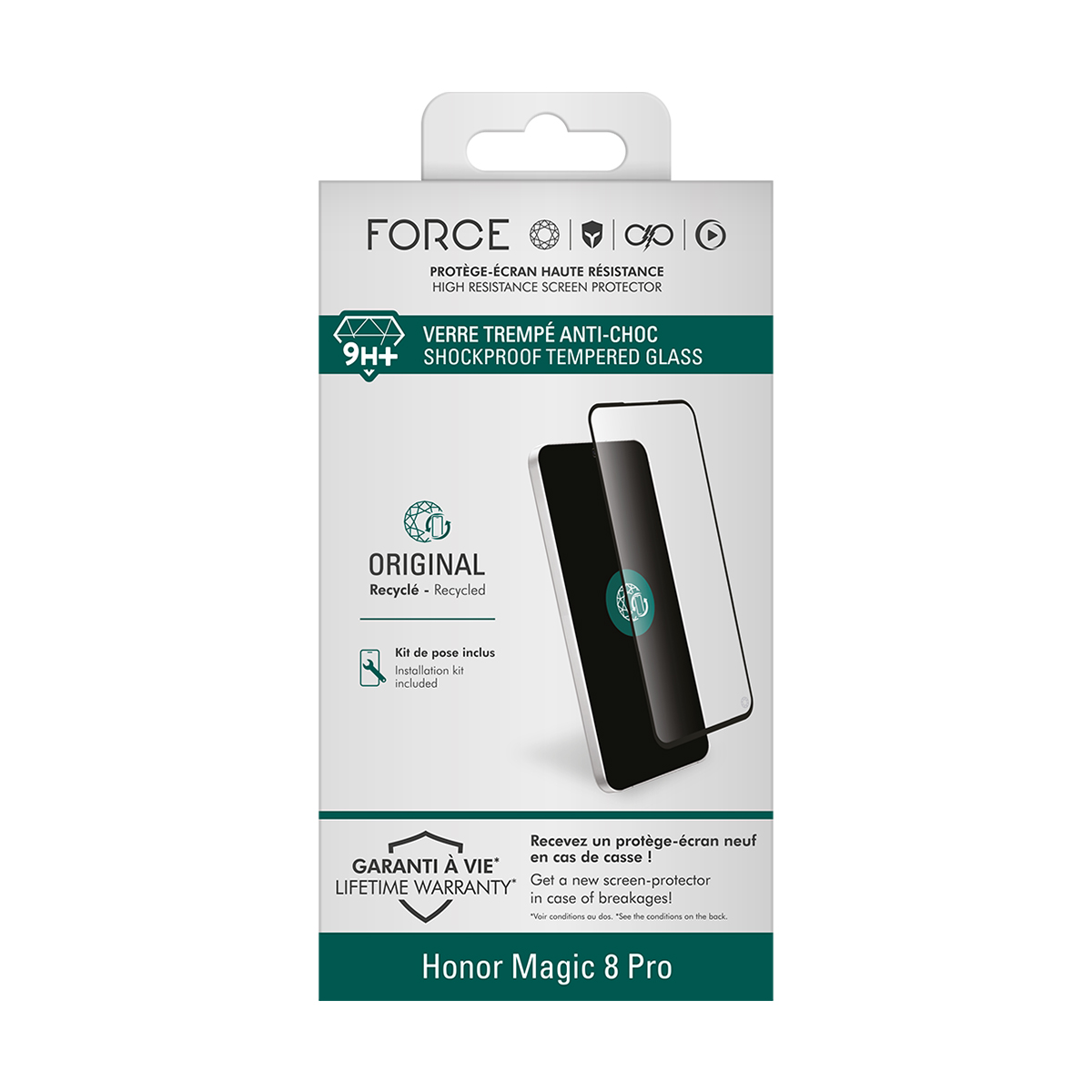 Confezione protettore schermo in vetro temperato antiurto FORCE 9H+ per Honor Magic 8 Pro.