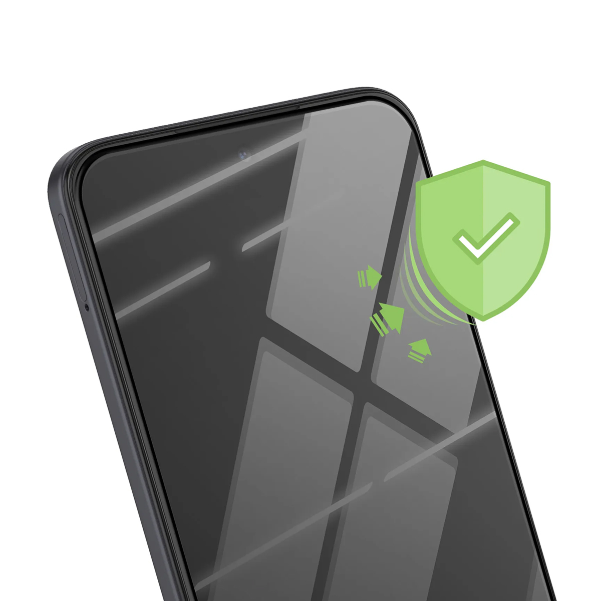 Uno scudo verde con un segno di spunta sopra lo schermo di uno smartphone.