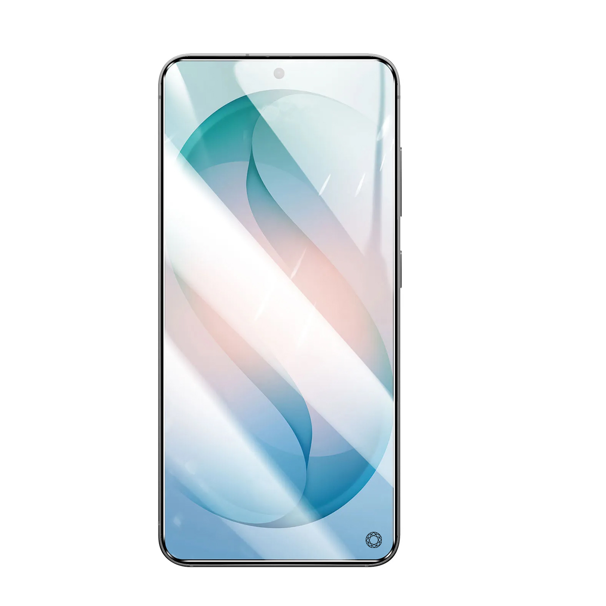 Uno smartphone che mostra uno sfondo astratto e ondulato nei toni del blu e del rosa.