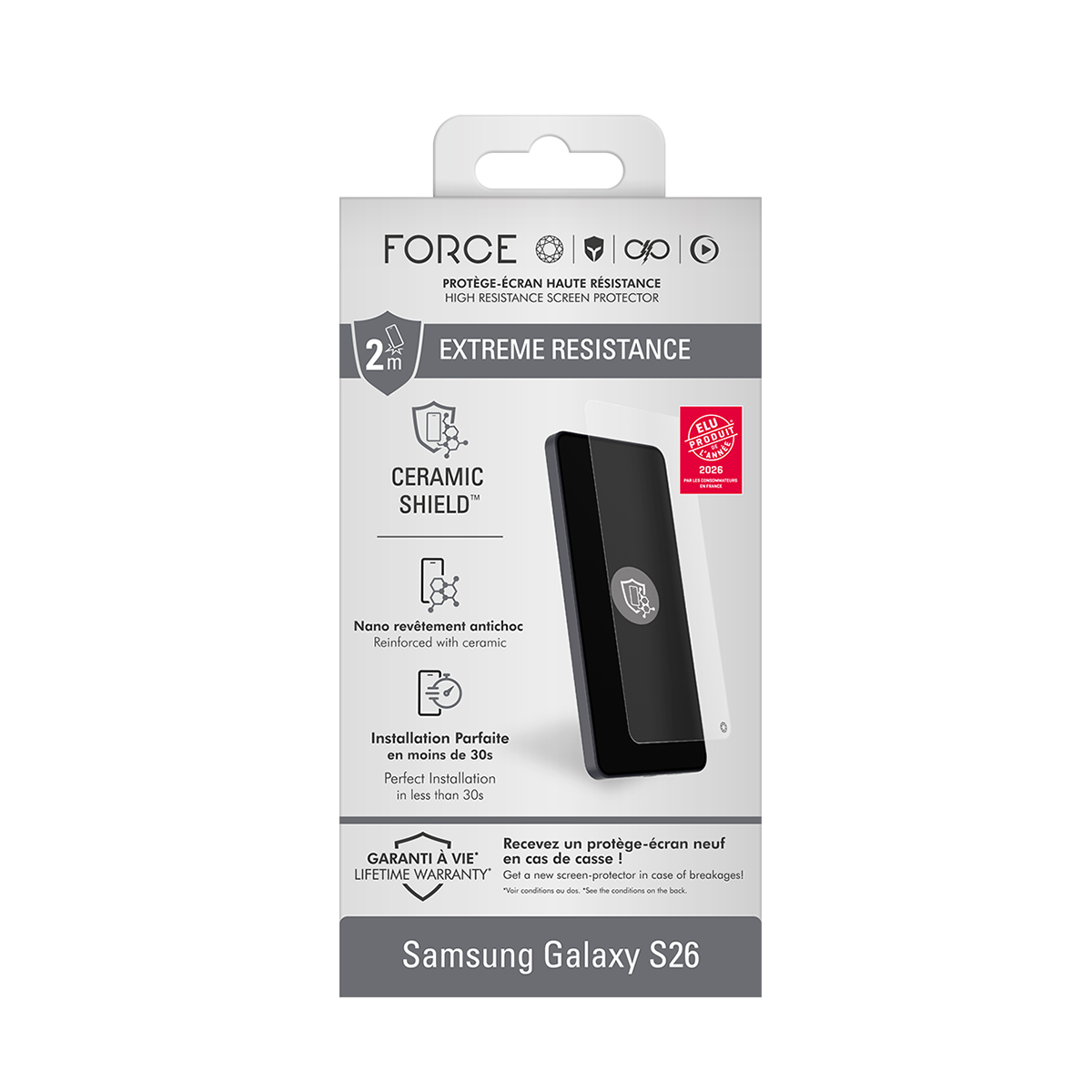 Confezione di una protezione schermo in ceramica FORCE Samsung Galaxy S26.
