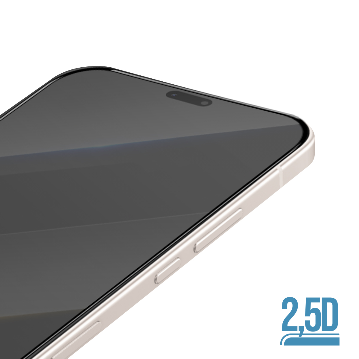 Primo piano di uno smartphone con cornice argentata e schermo scuro. Logo 2.5D.