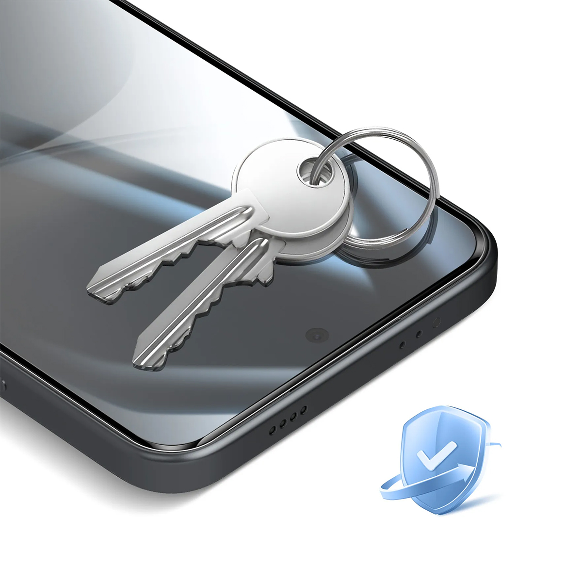 Due chiavi su uno smartphone con un'icona di scudo.
