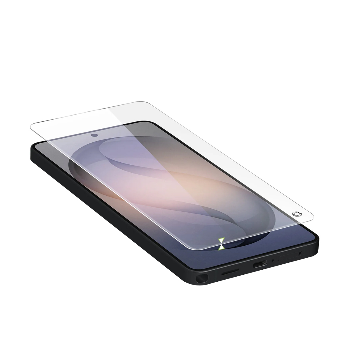 Un protector de pantalla yace sobre un teléfono inteligente negro.