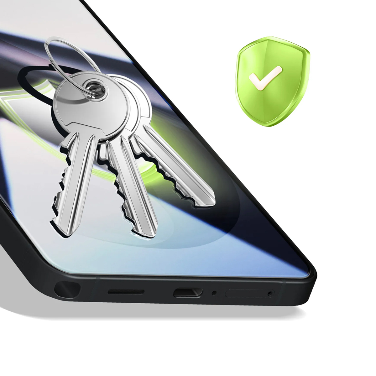 Un manojo de llaves en un smartphone con un icono de escudo verde.