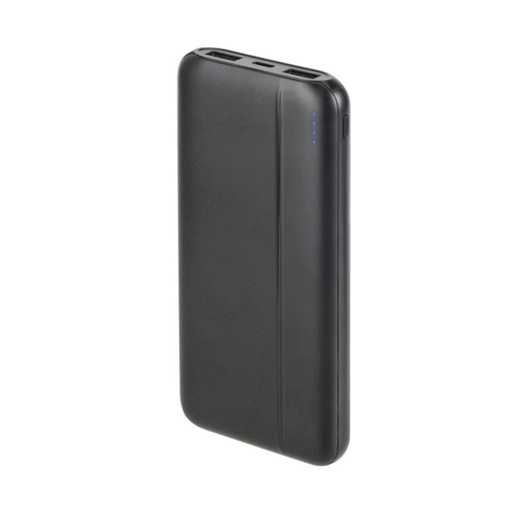 Un dispositivo de power bank negro y rectangular con superficie texturizada e luces indicadoras.