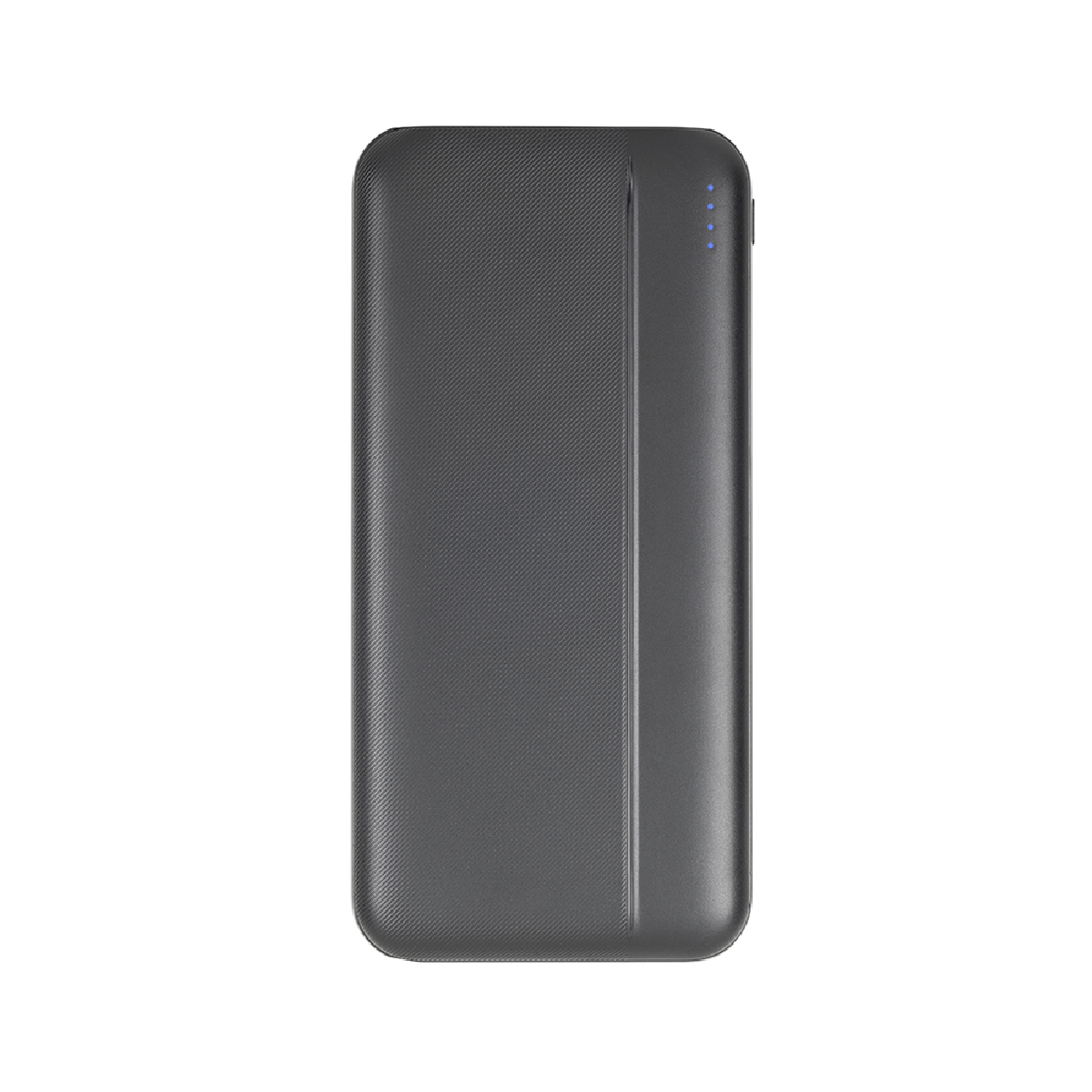 Un banco de energía gris oscuro con superficie texturizada y cuatro indicadores LED azules.