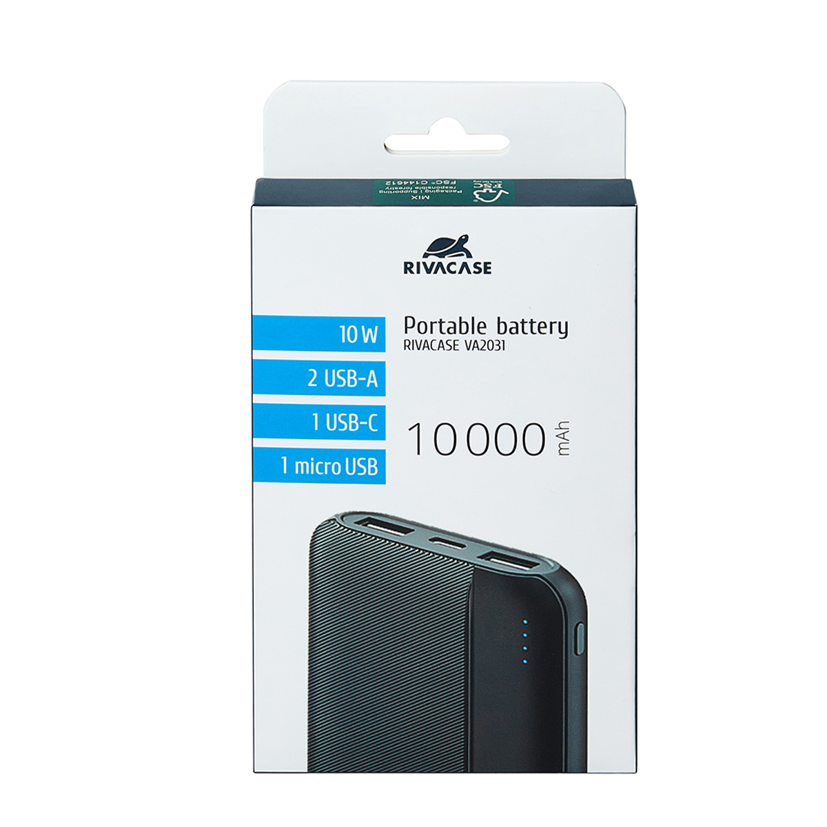 Embalaje de una power bank RIVACASE negra de 10000 mAh con puertos USB.